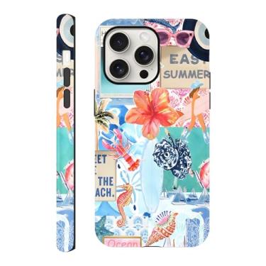Imagem de Capa compatível com iPhone 15 Pro 6,1 polegadas, praia verão mar concha colagem hibisco flor capa de telefone cavalo-marinho capa estética, capa protetora resistente a arranhões híbrida 2 camadas