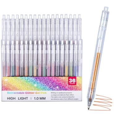 Imagem de XWT Canetas de gel de glitter retráteis de 36 cores para materiais de arte, tinta metálica brilhante vibrante com efeito de brilho, conjunto de ponta fina recarregável para livros de colorir, desenho