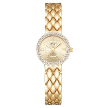 Imagem de BOSHIYA Relógios femininos com aço inoxidável dourado, relógio feminino de luxo com pequenas escritas, relógios de pulso femininos, à prova d'água, elegante, quartzo, analógico, feminino