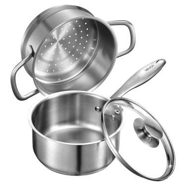 Imagem de VEVOR Panela de 1,5 litros com vaporizador, panela de aço inoxidável com tampa de vidro, panela multiuso antiaderente de aço inoxidável com alça ergonômica, adequada para forno, máquina de lavar louça