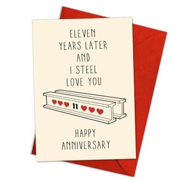 Imagem de Funny Eleven Years Later I Steel Love You Card – Trocadilho Humor Saudação para ele, Ela, Marido, Esposa, Namorado, Namorada – Presente Romântico Bonito para Casais – Solteiro 14 x 20 cm Dobrado com