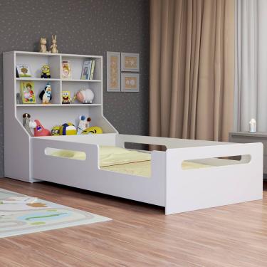 Imagem de Cama Infantil Solteiro Moderna Com Cabeceira Estante Para Brinquedos