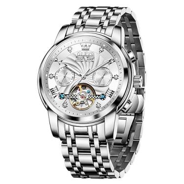 Imagem de OLEVS Relógios mecânicos automáticos masculinos luxuosos, relógio de pulso de diamante, prata, branco, esqueleto, turbilhão, aço inoxidável