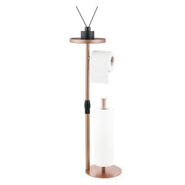 Imagem de ZBMDDEY Suporte de papel higiênico para banheiro, altura ajustável, armazena 4 rolos de reserva, com prateleira superior de armazenamento para celulares, lenços, carteira e muito mais, cobre vermelho