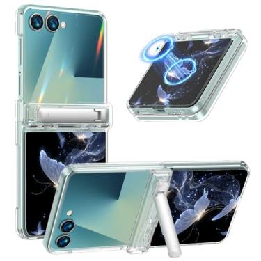 Imagem de KJSK Capa para Samsung Galaxy Z Flip 7, suporte integrado com proteção fosca Magsafe Slim à prova de choque, antiamarelamento, proteção de dobradiça embutida, borboleta preta