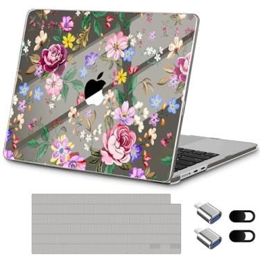 Imagem de Loyrina Capa para MacBook Air de 15 polegadas 2025 M4 2024 M3 Chip – Design floral leve e moderno, capa transparente para laptop, com capa de teclado TPU e adaptadores OTG, flores brilhantes
