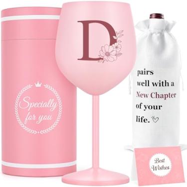Imagem de Lifecapido Presentes personalizados para mulheres, taça de vinho de aço inoxidável D com saco de vinho e cartão, monograma D presente de taça de vinho personalizado, aniversário com monograma