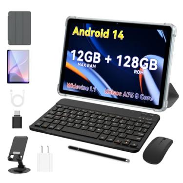 Imagem de Tablet Android 14, 128 GB e 12 GB, tablet de 10 polegadas. Octa Core, 1280 x 800 IPS, três câmeras, BT 5.0, WiFi, desbloqueado facial, Widevine L1, tablet com suporte para teclado, capa, mouse, Stylus