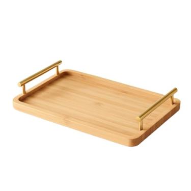 Imagem de Bandeja Bambu Alça de Metal Kit com 2-30x20 e 35x25 Multiuso Decoração Porta Copos Chá Petisqueira (01un - 35x25cm)