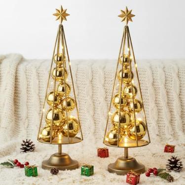 Imagem de LEIFIDE Decorações de mesa de Natal de 15,7 polegadas, 2 peças de decorações de mesa de cone de metal com topo de estrela e bolas, tiras de luz de LED para enfeite de mesa de festa de casamento de
