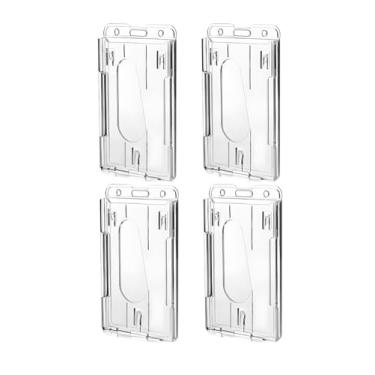 Imagem de Pacote com 4 porta-crachás de plástico rígido, porta-cartão de identificação transparente com compartimento para polegar de fácil acesso, com 2 cartões, estilo vertical