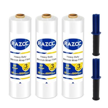 Imagem de Película elástica, RAZCC Stretch Wrap Força Industrial, Envoltório retrátil para palete, envoltório de plástico transparente resistente com alças, rolo de plástico de embrulho móvel, 38 cm x 300 metros por rolo, calibre 60, pacote com 3