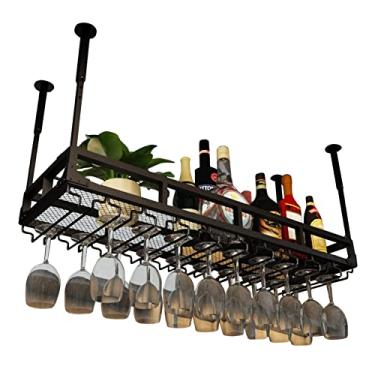 Imagem de Suporte de copos de vinho de cabeça para baixo embaixo do armário suporte de garrafa de teto prateleira de vidro para copos de vinho (ajustável, preto) (tamanho: 80 x 35 x 16 cm)
