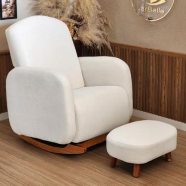 Imagem de Larbelle Poltrona Orgânica de Amamentação, Base em Madeira Tipo Canoa, Estofado Off White com Balanço, para Maternidade