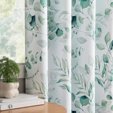 Imagem de Xwincel Cortinas blackout 100% de 182 cm de comprimento para quarto, cortinas com estampa floral verde para escurecimento da sala de estar, cortinas com padrão de aquarela com isolamento térmico
