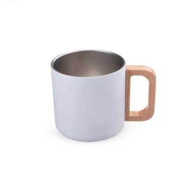 Imagem de Caneca Térmica 400ml com Parede Dupla e Alça de Bambu – Branca