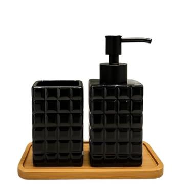 Imagem de Kit Banheiro de Cerâmica 2 Peças – Dispenser Porta Sabonete Líquido e Porta Escova de Dente | Ideal para Lavabo e Decoração Elegante(PRETO QUADRADINHOS)