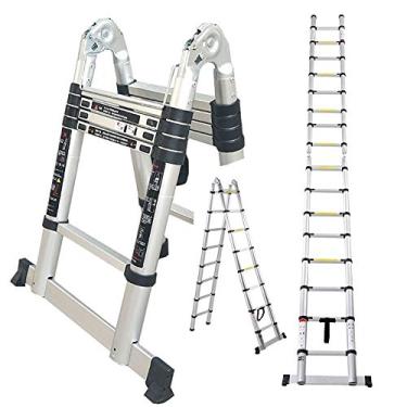 Imagem de OKUOKA Escadas, escada telescópica de alumínio com barra estabilizadora Telesextensível para casa, escritório, capacidade de 149 kg / 3,2 m + 3,2 m