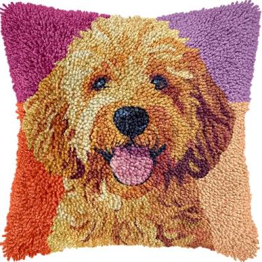 Imagem de Kits de travesseiro de gancho de trinco para iniciantes Golden Doodle Dog Agulha Crochê Kits com padrão bordado almofada gancho e trinco fronha tapete casa sofá decoração 43 x 43 cm-4