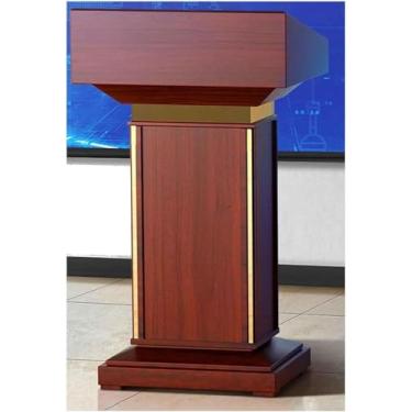Imagem de YPDJVLTI Speech Podium Suporte de pódio de madeira maciça moderno púlpito de igreja com bordas douradas Púlpito de chão com prateleira de armazenamento aberta e gaveta moderna