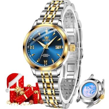 Imagem de OLEVS Relógio feminino automático, dourado, luxuoso, diamante, corda automática, à prova d'água, luminoso, data, L9956: Pulseira de dois tons e mostrador azul, Elegante