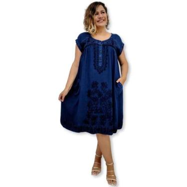 Imagem de Vestido Curto Indiano com Bolso, Botões e Bordado Plus Size - Sarat Mo