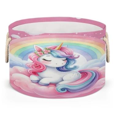 Imagem de Cesta de armazenamento grande redonda arco-íris rosa unicórnio organizador de brinquedos infantis dobráveis com alça cesto de roupa suja para sala de estar, lavanderia, berçário, quarto, caixa de