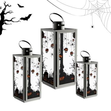 Imagem de MATICO Conjunto de 3 lanternas decorativas de aço inoxidável, suporte de vela de lanterna de furacão para cerimônia de festival, decoração de casa, uso interno e externo, dia das bruxas