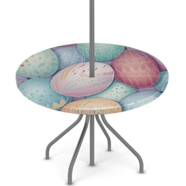 Imagem de hongjinglin Toalha de mesa de Páscoa para uso ao ar livre com orifício para guarda-chuva, toalha de mesa redonda elástica com zíper, impermeável, limpável, para piquenique, festa, pátio, serve para
