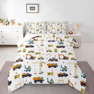Imagem de jejeloiu Conjunto de cama com desenho de escavadeira, macio, para meninos e meninas, caminhões, tratores, carros, edredom de microfibra, 2 peças com 1 fronha