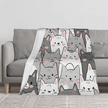 Imagem de Cobertor macio e leve aconchegante gato fofo cinza branco cobertores decoração de casa presentes de festival para mulheres e homens, cobertor de flanela felpudo para cama, sofá, acampamento e viagem
