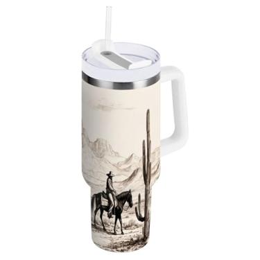 Imagem de xigua Copo vintage Western Cowboy de 850 g com tampa e canudo, aço inoxidável de vácuo duplo isolado garrafa de água esportiva suporte para copo de café de viagem à prova de vazamento para bebida