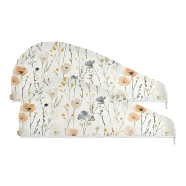 Imagem de SEHANY Toalha de cabelo de microfibra de flores coloridas elegantes para mulheres, 2 peças, turbantes de cabelo de secagem rápida com botão, touca de cabelo seco absorvente toalha de secagem de cabelo
