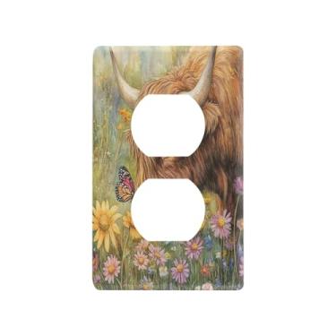 Imagem de Blueangle Placa de parede Highland Cow Duplex Outlets, tamanho padrão, placas de cobertura de tomada elétrica de 1 gangue para decoração de quarto de escritório em casa, 4,53 x 2,76 polegadas (297)