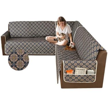 Imagem de ALIECOM Capas de sofá para sofá secional 10% à prova d'água, em forma de L, capa de sofá seccional de canto, lavável e impressa, protetor para animais de estimação com bolso (floral bege e