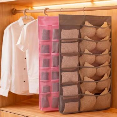 Imagem de 1 organizador de sutiã pendurado com bolsos, organizador de meias para pendurar, suporte de armazenamento de roupa íntima dupla face para lingerie, gravata de calcinha (10 + 5 bolsos) bege