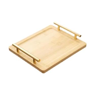 Imagem de ＫＬＫＣＭＳ Bandeja retangular de madeira para servir petiscos com alças de metal, ideal para decoração de mesas de centro, jantares e sobremesas, S