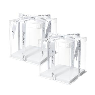 Imagem de TEMPSPACE Caixa de presente transparente de 6 peças, caixa de bolo de presente, 25,4 x 24,4 x 24,9 cm, caixa de presente transparente com base, tampa e fita para casamento, aniversário, Natal, Ação de