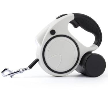 Imagem de Coleira retrátil para cães com luz LED e dispensador de saco de cocô, fita de nylon refletiva de 5 metros para cães pequenos a médios de até 25 kg, aderência confortável, freio com uma mão, pausa