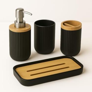 Imagem de KIT 4 Peças Conjunto para Banheiro Dispenser de Sabonete Líquido Porta Escova de Dentes Porta Objetos e Bandeja Preto e Bambu