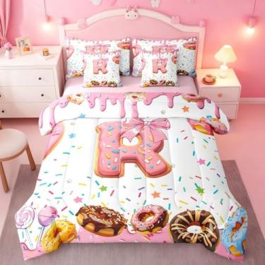 Imagem de Erosebridal Conjunto de edredom infantil com laço rosa, tamanho casal, alfabeto, monograma, letra R, 7 peças, colorido, rosquinha branca, doce, decoração de quarto
