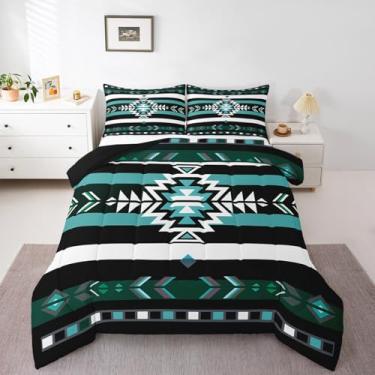 Imagem de Feelyou Conjunto de cama sudoeste nativo para crianças, meninos, meninas, sudoeste, geométrico, conjunto de edredom tribal, decoração de quarto, respirável, macio, leve, microfibra, azul, preto e