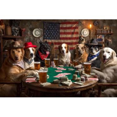 Imagem de Cachorros engraçados jogando pôquer – Quebra-cabeça de madeira de 1000 peças para adultos, cena de bar de cachorro estilo ocidental com cervejas e cartões