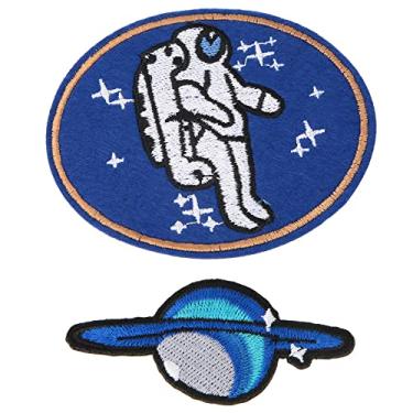 Imagem de DIY feito à mão foguete planeta astronauta bordado remendos 6 peças costurar em remendos de pano para jaquetas jeans chapéus camisetas crianças adultos decoração de tema espacial (Adesivos Astronauta + Terra Orbital 3 peças cada)