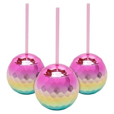 Imagem de Fun Express Copos de plástico reutilizáveis sem BPA em forma de bola de discoteca de 590 ml com tampas e canudos - 6 unidades