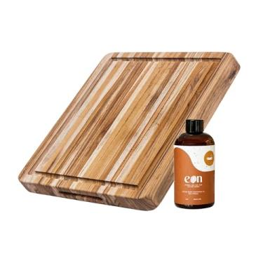 Imagem de Teakhaus Conjunto de óleo para tábuas de corte e tábua de cortar - Inclui tábua de corte de madeira pequena (P) com sulco de suco e óleo mineral de grau alimentício EON - Adequado para facas
