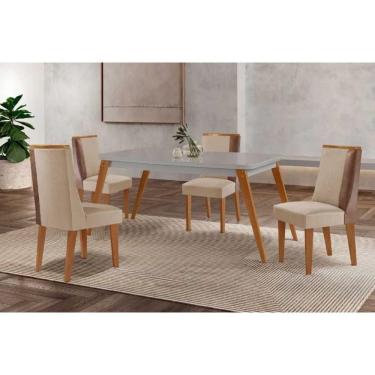 Imagem de Sala Jantar Mesa Havana Tampo c/ Vidro Curvo 120cm+4 Cadeiras Tilia Madeira Naturale/Off White - Capuccino/Suede Creme - Rufato