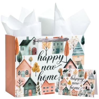 Imagem de WRAPAHOLIC Bolsa de presente Happy New Home de 33 cm com cartão e papel de seda - Sacos de papel Greeny House Design para aquecimento de casa novo presente de vizinho