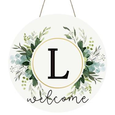 Imagem de Grinaldas monograma letra L para guirlanda de porta da frente placa de boas-vindas de madeira para decoração de porta da frente floral família sobrenome inicial aquecimento de casa primavera verão
