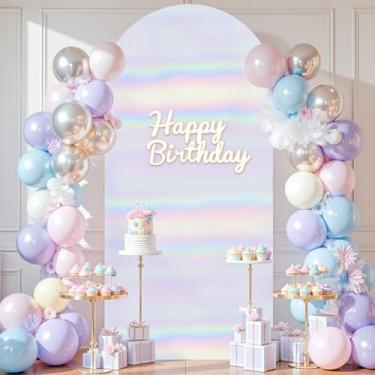 Imagem de Capa de fundo de arco arco-íris branco 2,5 m colorido para festa de casamento com pano de fundo elástico para chá de bebê, chá de panela, aniversário, lantejoulas, brilhante, arco, capa de elastano